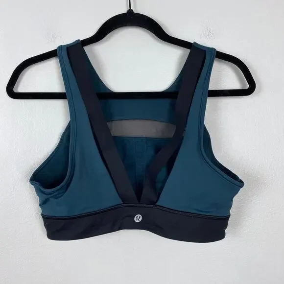 Lululemon Run The Day Bra Submarine Black Nulux Deep V Back Mesh Panel Size 10‎ - Picture 6 of 9